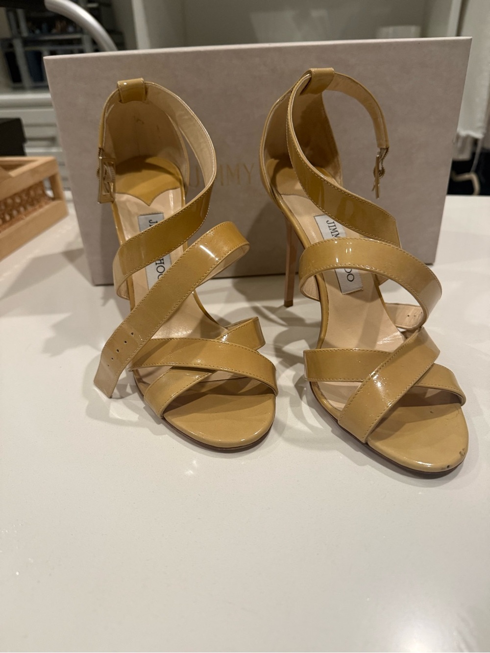 Jimmy Choo Tan Patent Leather Strappy High Heel Sandals